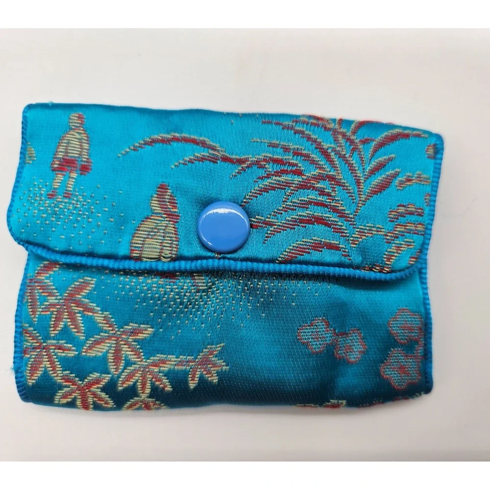 Vintage Blue Brocade 3pc Cosmetic Bag Set Oriental Landscape Travel Pouches